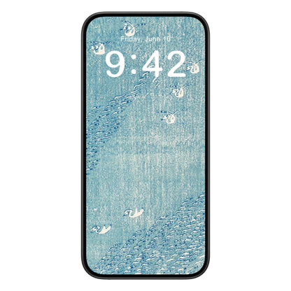 Light Blue Minimalist phone wallpaper background with woodblock print design shown on a phone lock screen, instant download available.