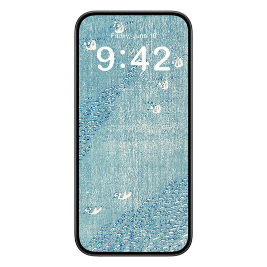 Light Blue Minimalist phone wallpaper background with woodblock print design shown on a phone lock screen, instant download available.