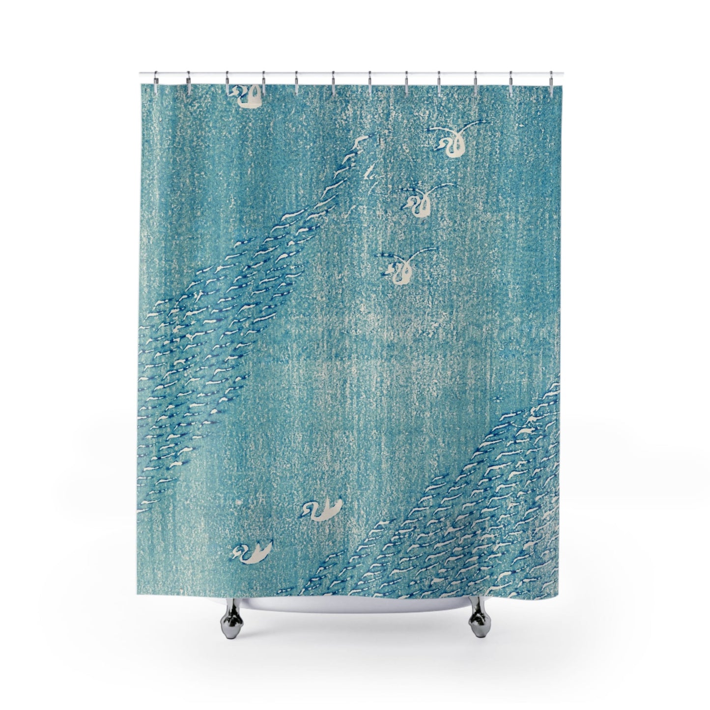 Light Blue Minimalist Shower Curtain with woodblock print design, artistic bathroom decor showcasing minimalist Japanese art.