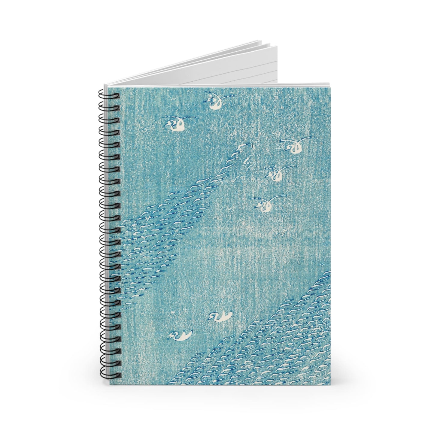 Light Blue Minimalist Spiral Notebook Standing up on White Desk