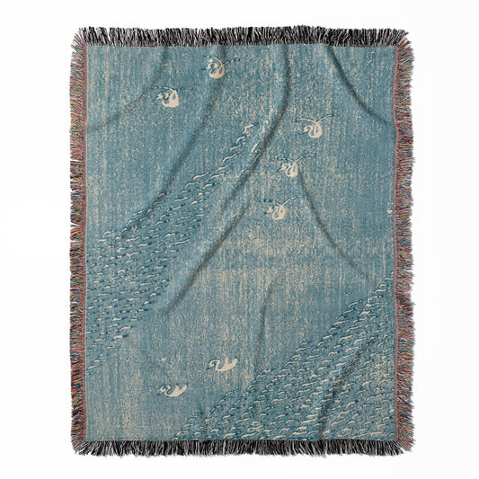 Light Blue Minimalist woven throw blanket, made with 100% cotton, providing a soft and cozy texture with a woodblock print design for home decor.
