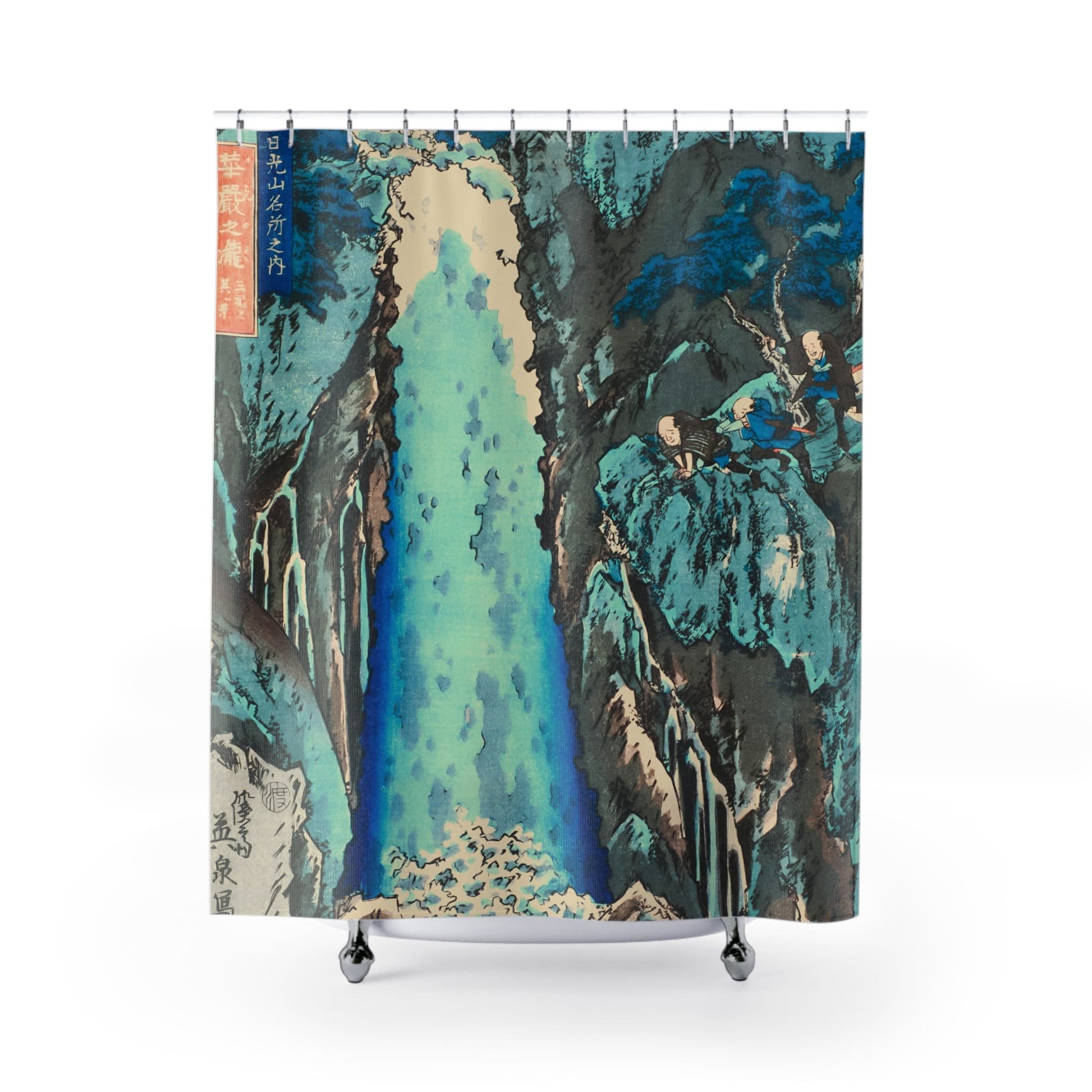 Light Blue Nature Shower Curtain with Japanese woodblock design, cultural bathroom decor showcasing traditional Japanese art.