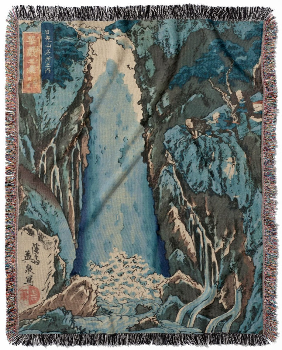 Light Blue Nature woven throw blanket, crafted from 100% cotton, offering a soft and cozy texture with a Japanese woodblock theme for home decor.