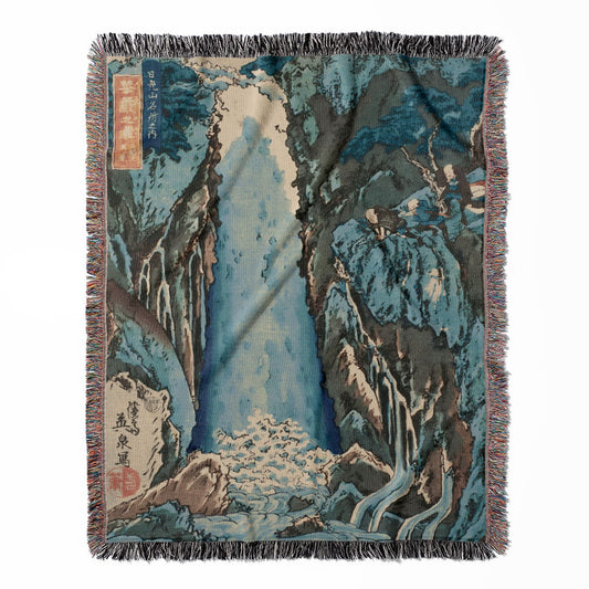 Light Blue Nature woven throw blanket, crafted from 100% cotton, offering a soft and cozy texture with a Japanese woodblock theme for home decor.