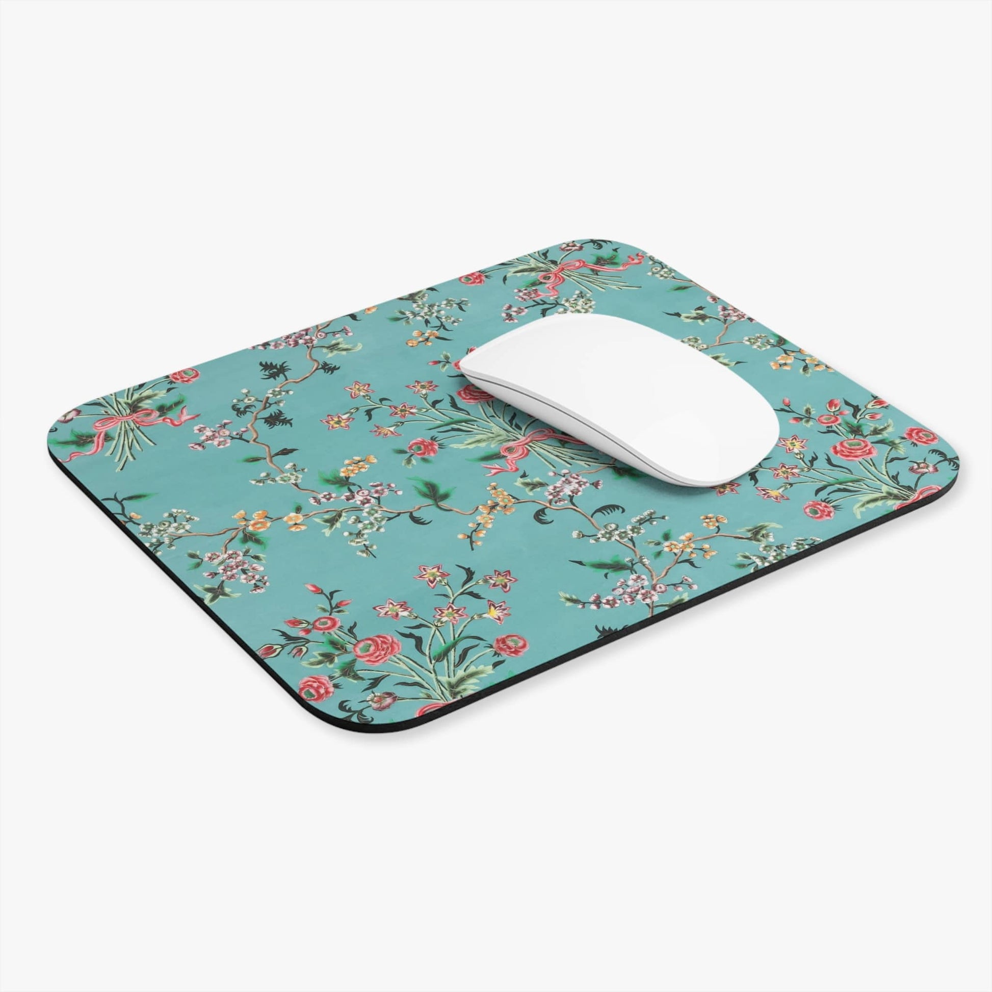 Light Floral Computer Desk Mouse Pad With White Mouse