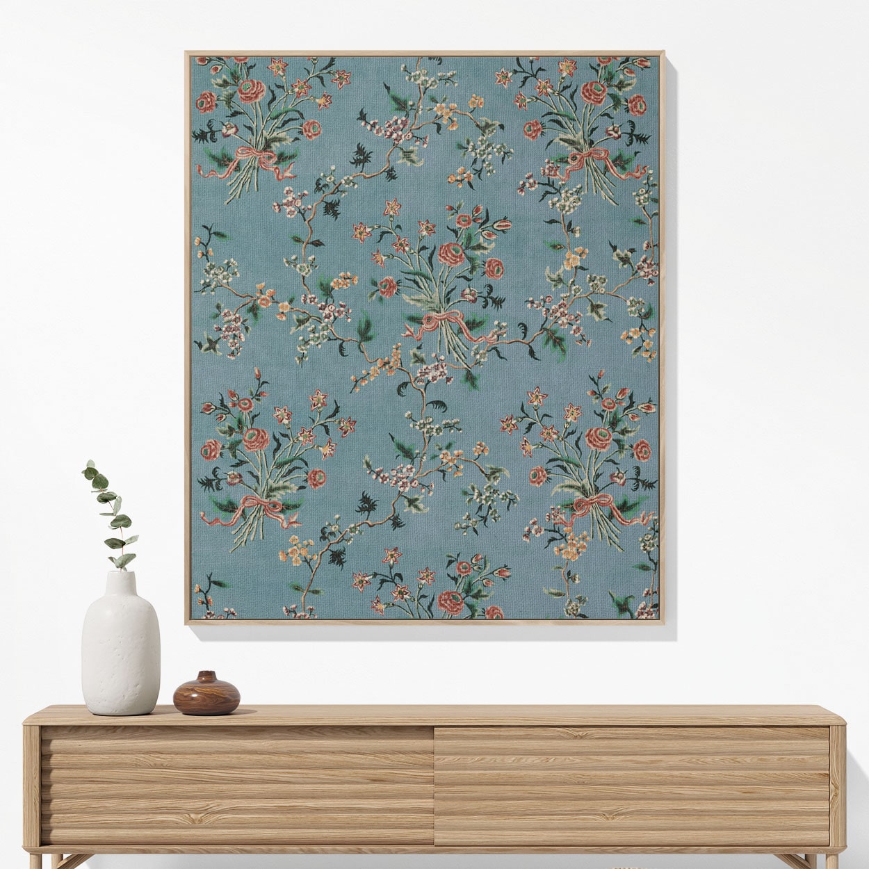 Light Floral Woven Blanket Hanging on a Wall as Framed Wall Art