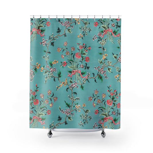 Light Floral Shower Curtain with light blue and pink design, elegant bathroom decor showcasing delicate floral patterns.