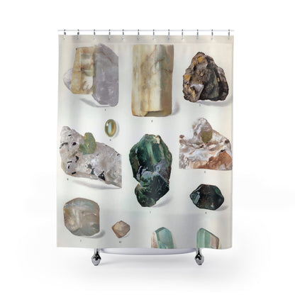 Light Green Gemstone Shower Curtain with rock collection design, educational bathroom decor featuring gemstone patterns.
