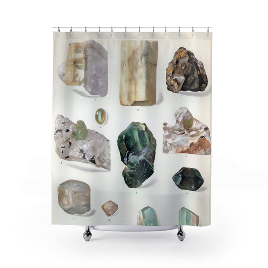 Light Green Gemstone Shower Curtain with rock collection design, educational bathroom decor featuring gemstone patterns.