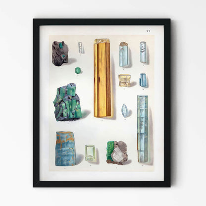 Light Green and Blue Crystal Gemstones Art Print in Black Picture Frame