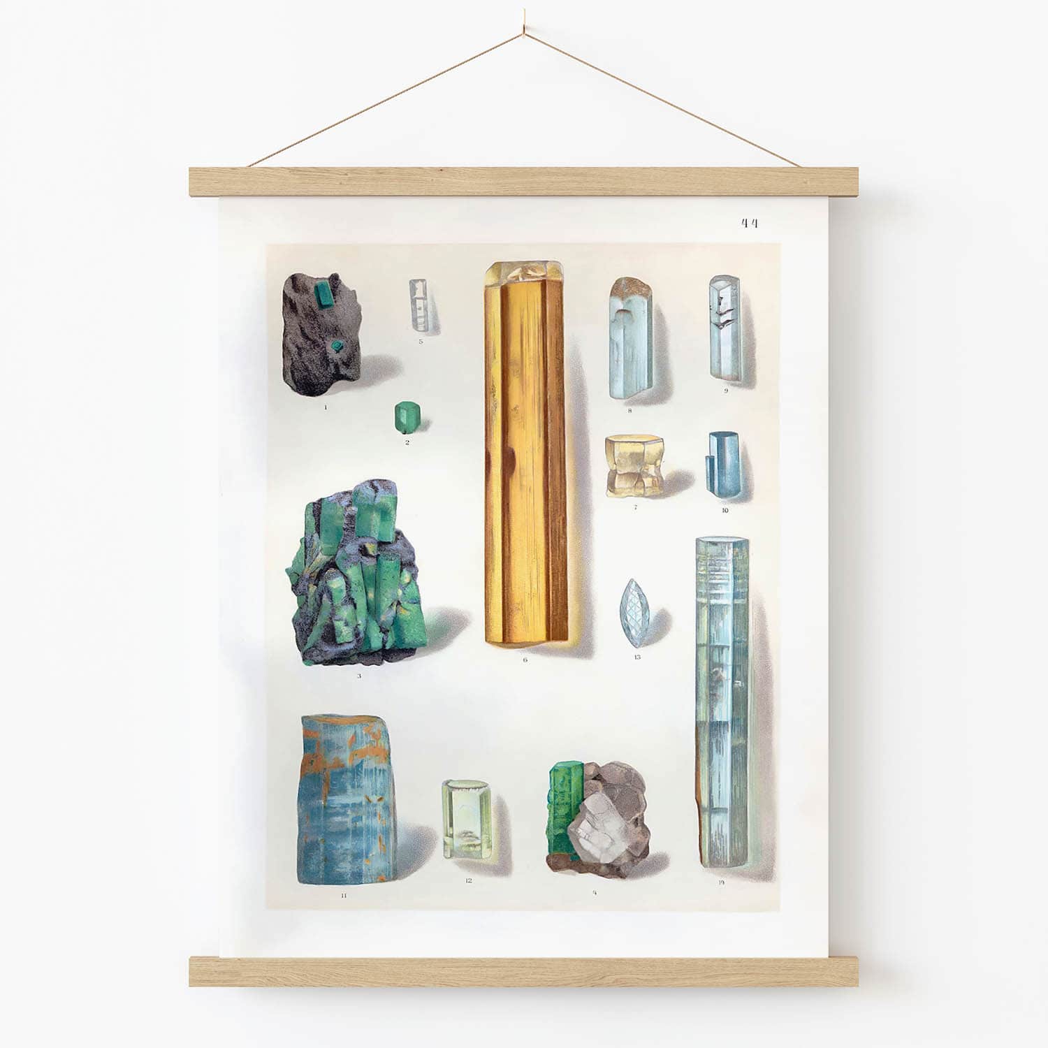 Light Green and Blue Crystal Gemstones Art Print in Wood Hanger Frame on Wall