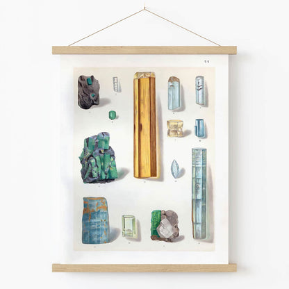 Light Green and Blue Crystal Gemstones Art Print in Wood Hanger Frame on Wall