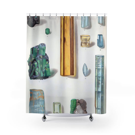Green and Blue Gemstones Shower Curtain with topaz and prasolite design, elegant bathroom decor featuring green and blue gemstones.