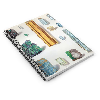 Light Green and Blue Crystal Gemstones Spiral Notebook Laying Flat on White Surface