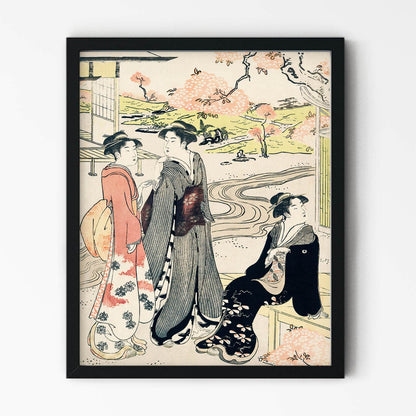 Women in a Spring Landscape Painting in Black Picture Frame