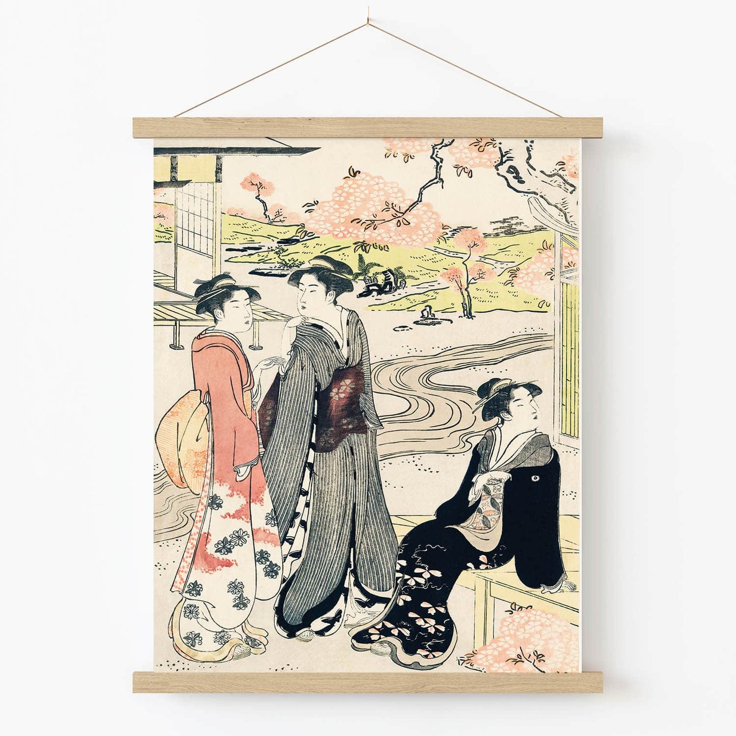 Women in a Spring Landscape Art Print in Wood Hanger Frame on Wall