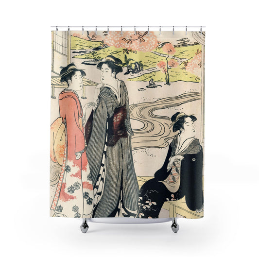 Light Japanese Aesthetic Shower Curtain with spring design, seasonal bathroom decor featuring light and airy spring themes.