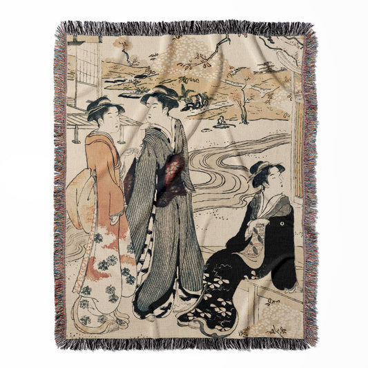 Light Japanese Aesthetic woven throw blanket, made of 100% cotton, featuring a soft and cozy texture with a spring theme for home decor.