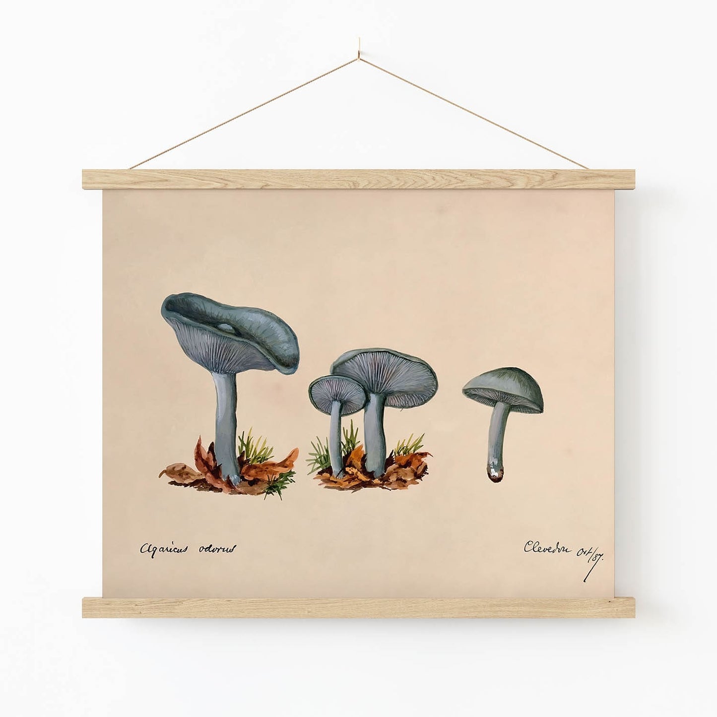 Little Blue Mushrooms Art Print in Wood Hanger Frame on Wall