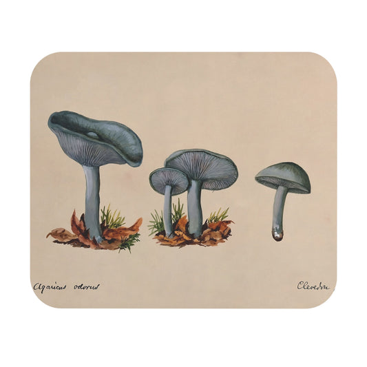 Little Blue Mushrooms Mouse Pad with mushroom art, desk and office decor showcasing whimsical blue mushroom illustrations.