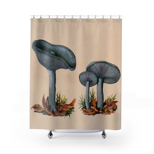 Little Blue Mushrooms Shower Curtain with mushroom art design, unique bathroom decor featuring whimsical blue mushrooms.
