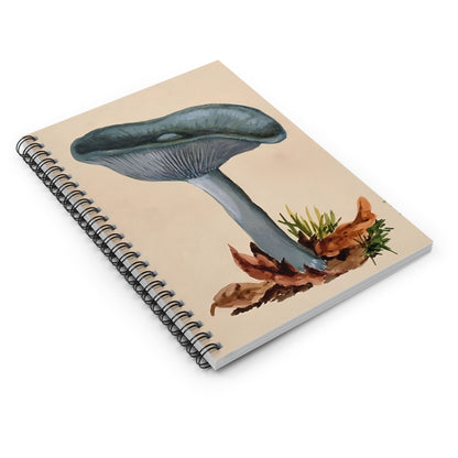 Little Blue Mushrooms Spiral Notebook Laying Flat on White Surface