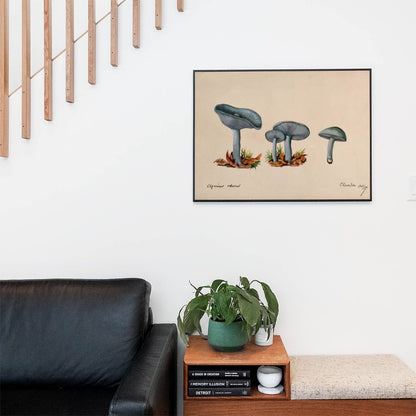 Little Blue Mushrooms Wall Art Print in a Picture Frame on Living Room Wall