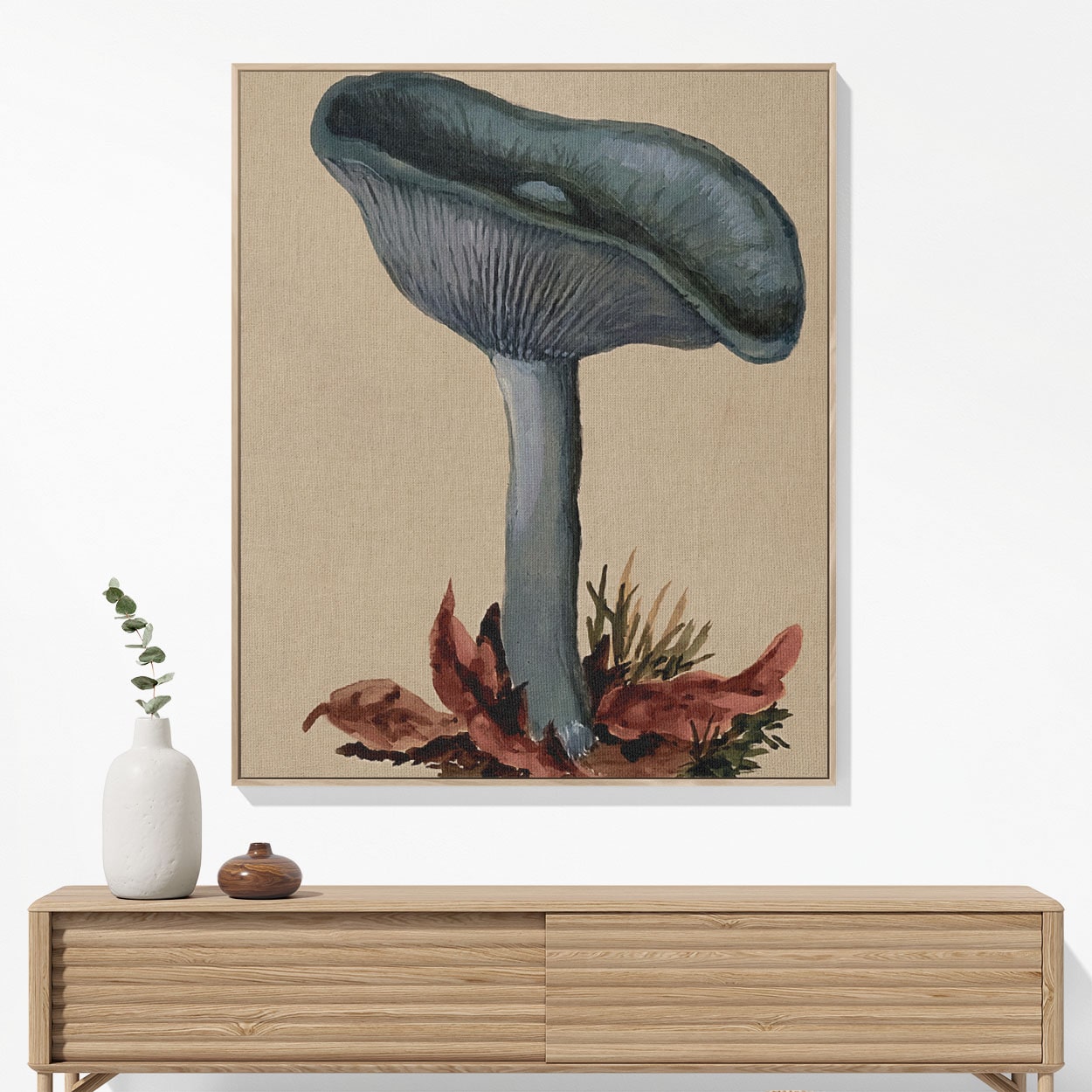 Little Blue Mushrooms Woven Blanket Hanging on a Wall as Framed Wall Art