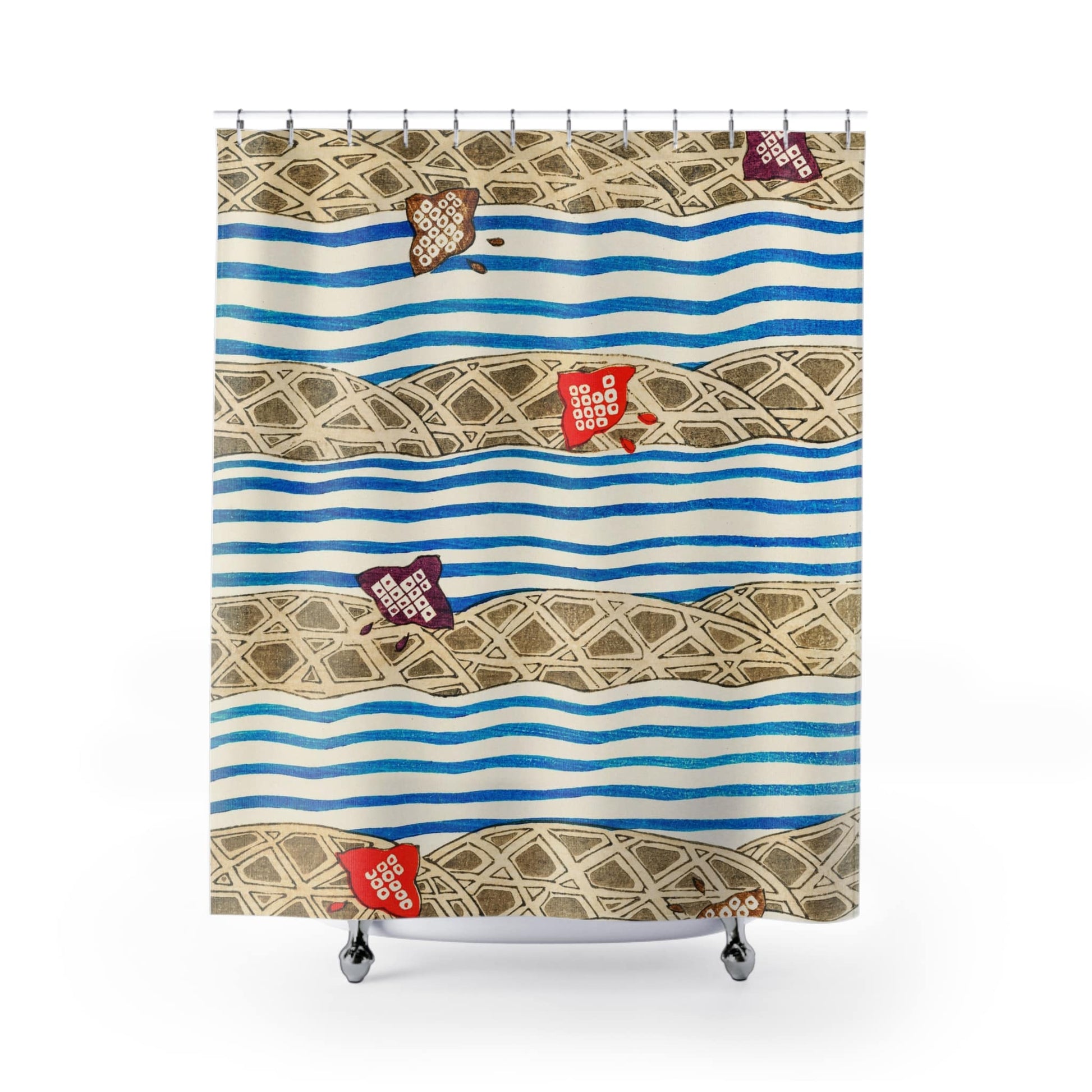 Little Japanese Kites Shower Curtain with blue wavy pattern design, playful bathroom decor showcasing whimsical kite art.