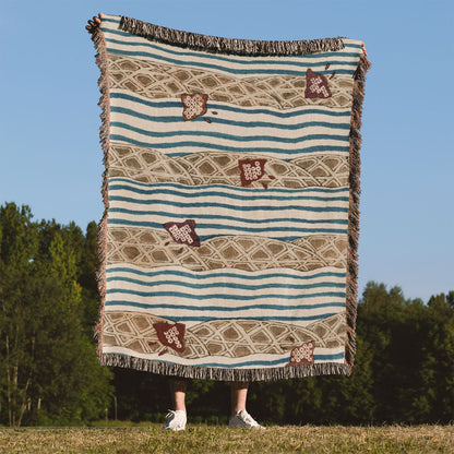 Little Japanese Kites Woven Blanket Held on a Woman's Back Outside