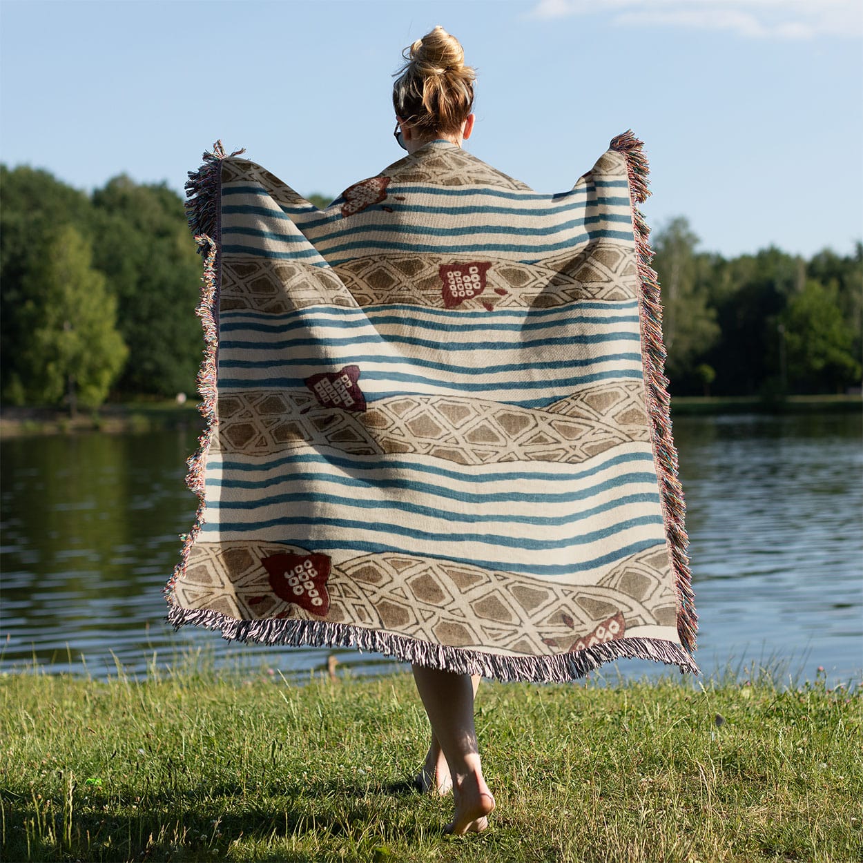 Little Japanese Kites Woven Blanket Held Up Outside