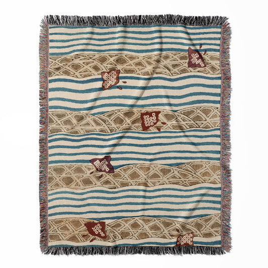Little Japanese Kites woven throw blanket, made with 100% cotton, providing a soft and cozy texture with a blue wavy pattern for home decor.