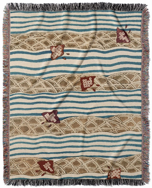 Little Japanese Kites woven throw blanket, made with 100% cotton, providing a soft and cozy texture with a blue wavy pattern for home decor.