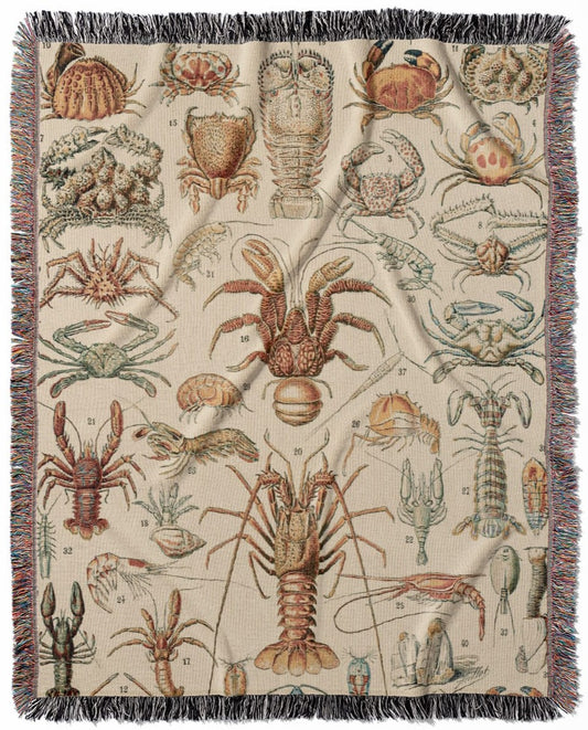 Lobsters and Crabs woven throw blanket, made with 100% cotton, providing a soft and cozy texture with a science theme for home decor.
