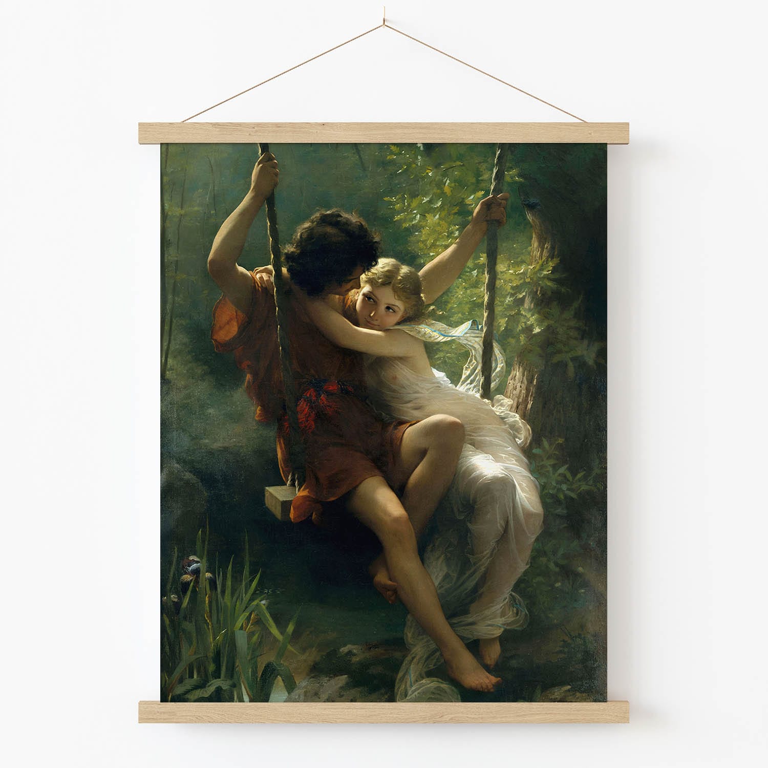 Lovers on a Swing Art Print in Wood Hanger Frame on Wall