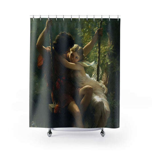 Lovers on a Swing Shower Curtain with Victorian period design, romantic bathroom decor featuring classic Victorian scenes.