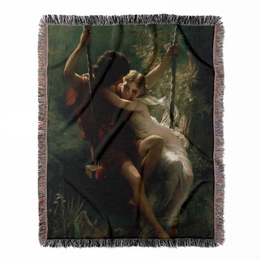 Lovers on a Swing woven throw blanket, crafted from 100% cotton, featuring a soft and cozy texture with a Victorian period design for home decor.