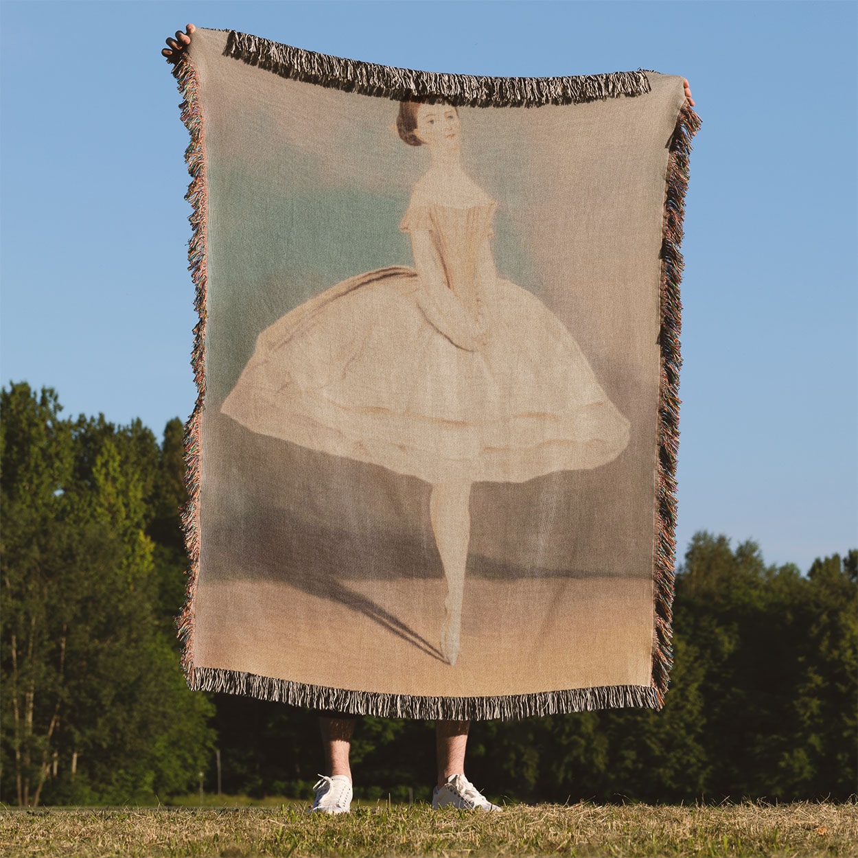 Minimalist Ballet Woven Throw Blanket Held Up Outside