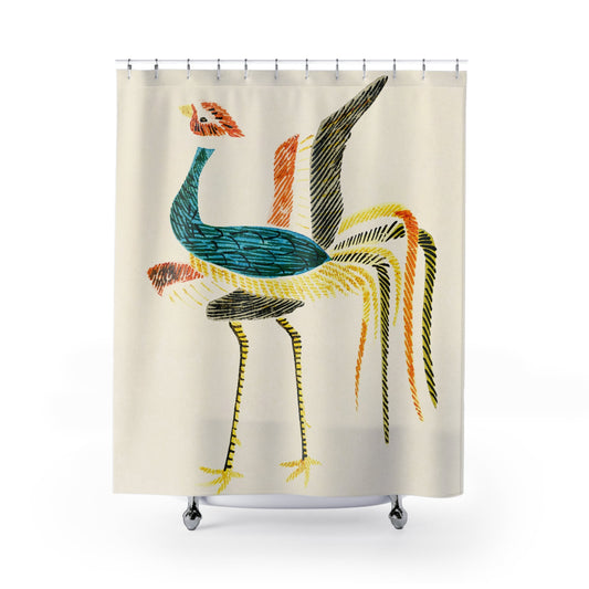 Minimalist Bird Shower Curtain with Japanese woodblock design, cultural bathroom decor showcasing traditional Japanese art.