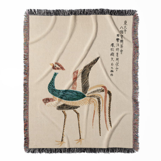 Minimalist Bird woven throw blanket, crafted from 100% cotton, offering a soft and cozy texture with a Japanese woodblock design for home decor.
