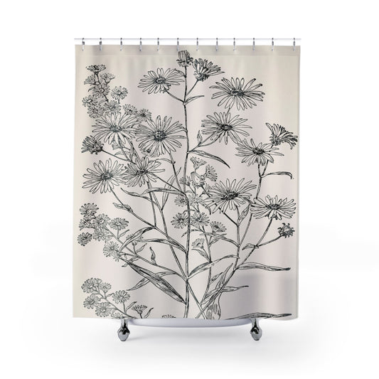 Minimalist Floral Shower Curtain with flower design, elegant bathroom decor featuring simple floral patterns.