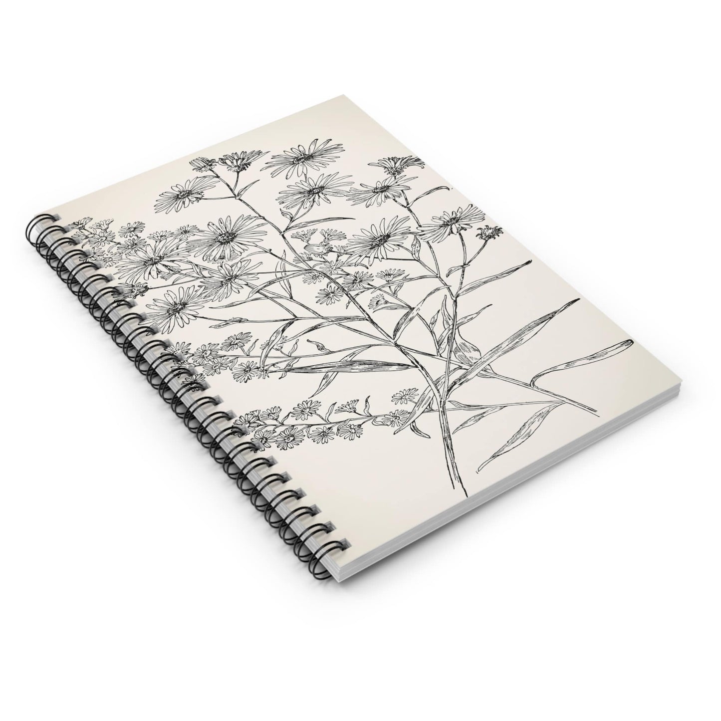 Minimalist Floral Spiral Notebook Laying Flat on White Surface