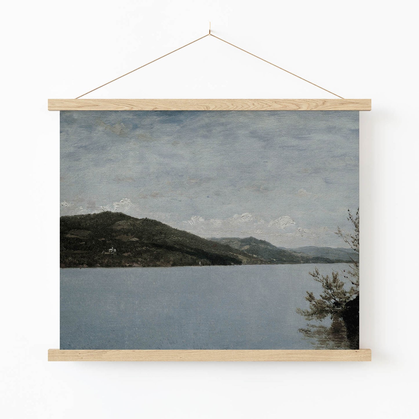 Blue and Green Nature Art Print in Wood Hanger Frame on Wall