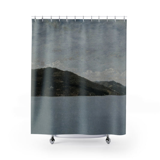 Minimalist Landscape Shower Curtain with blue and green design, calming bathroom decor showcasing serene landscapes.