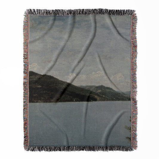 Minimalist Landscape woven throw blanket, made of 100% cotton, providing a soft and cozy texture with a blue and green design for home decor.