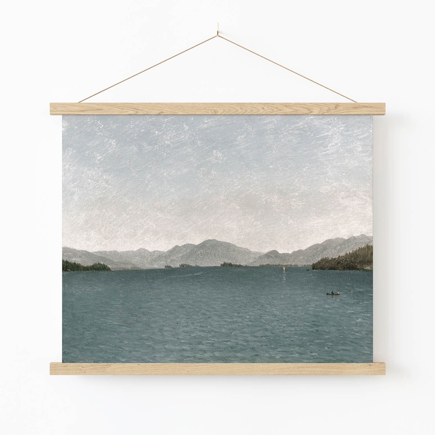 Blue and Gray Art Print in Wood Hanger Frame on Wall