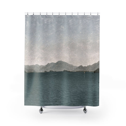Minimalist Mountains Shower Curtain with lake painting design, serene bathroom decor showcasing peaceful mountain views.