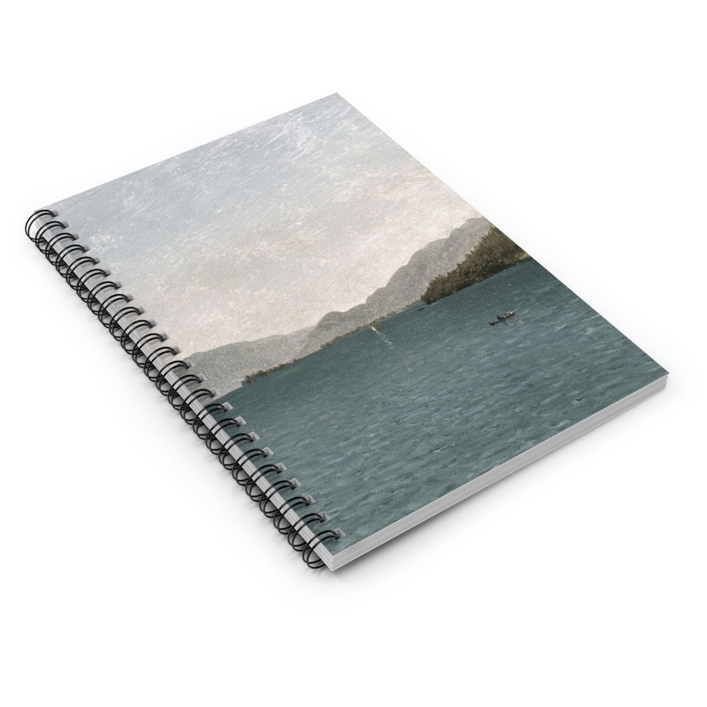 Minimalist Mountains Spiral Notebook Laying Flat on White Surface