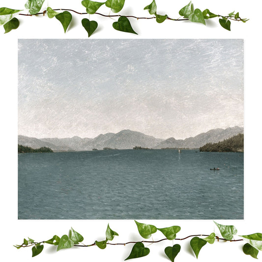 Minimalist Mountains art prints featuring a lake painting, vintage wall art room decor