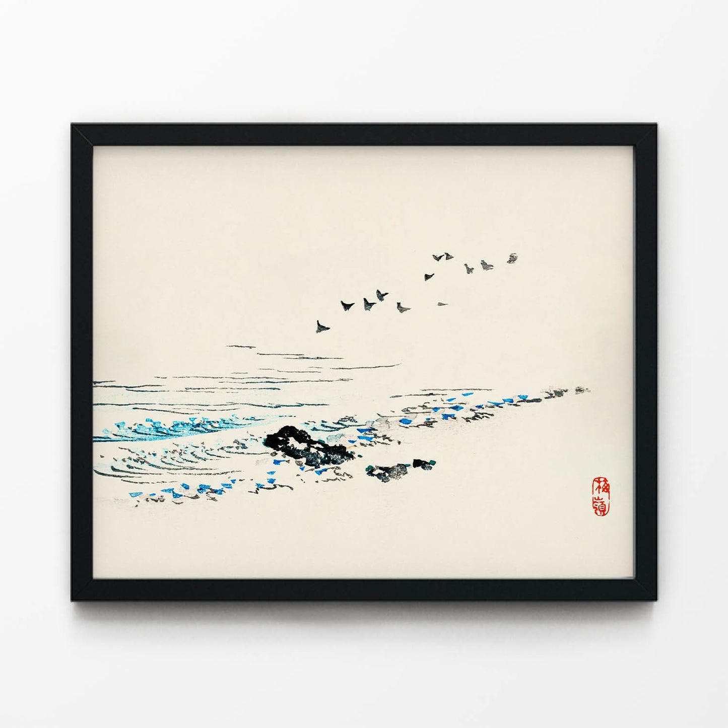 Birds and Waves Painting in Black Picture Frame